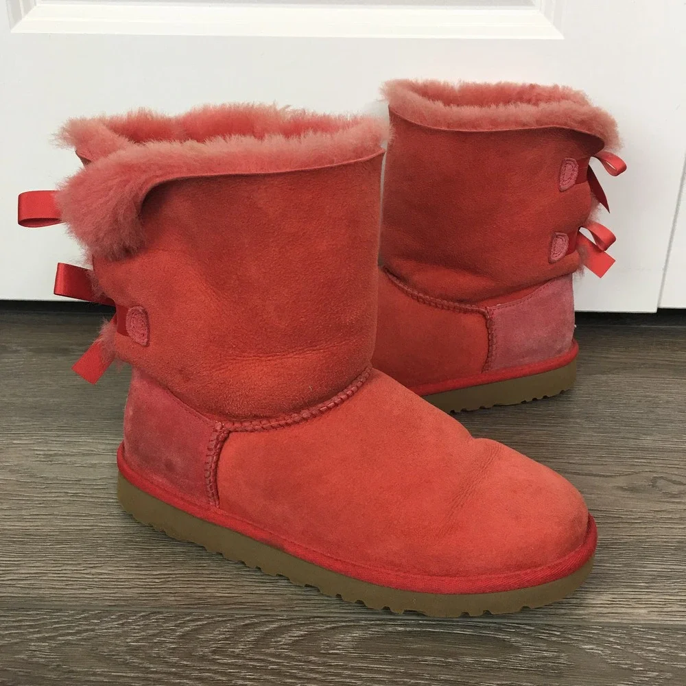 Ugg Australia Bailey Bow Sheepskin Leather Winter Snow Boots Redwood Size 5